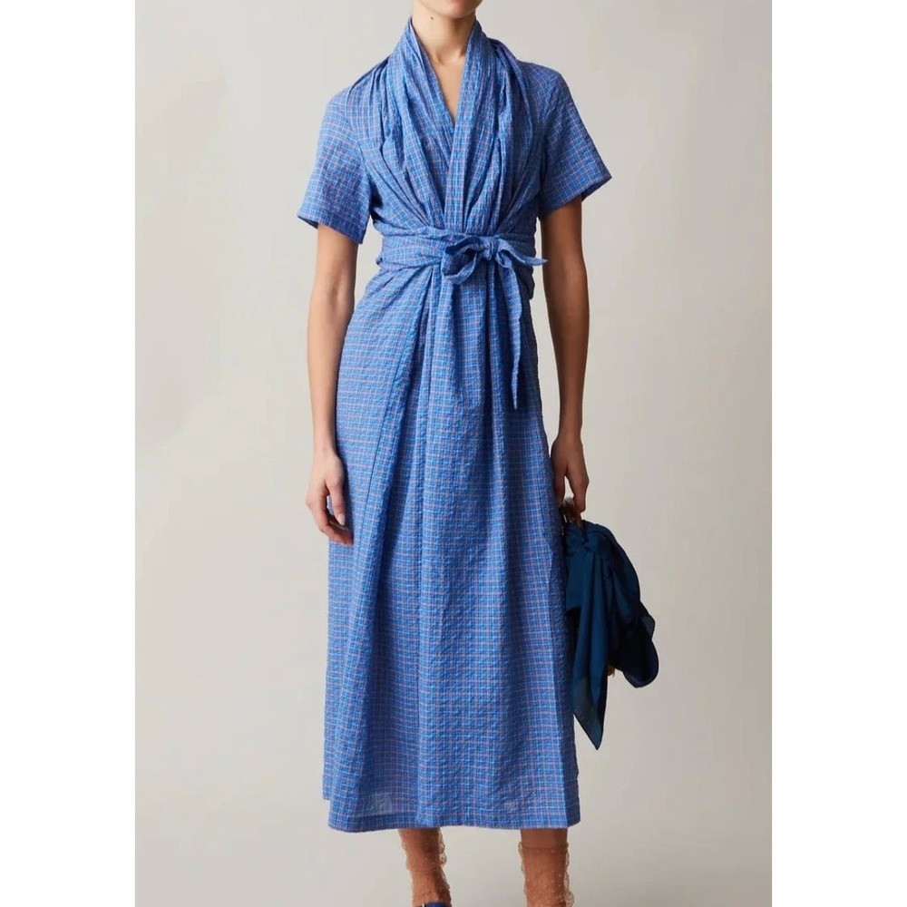 Caron Callahan Jocelyn Blue Gauze Plaid Wrap Tie Maxi Dress XS Made in USA